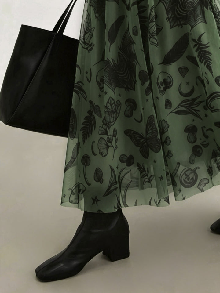 Saffron | Women's Plus Size Halloween Mesh Skull Print Dress