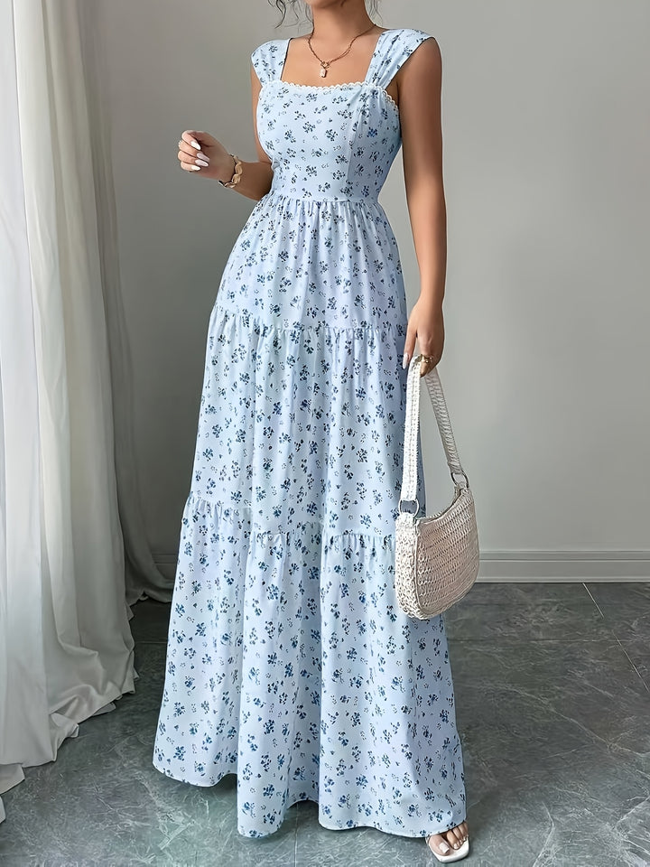 Elegant Floral Maxi Dress for Women with Square Neck Sleeveless Tiered Lace Up Plus Size Flowy Casual Style