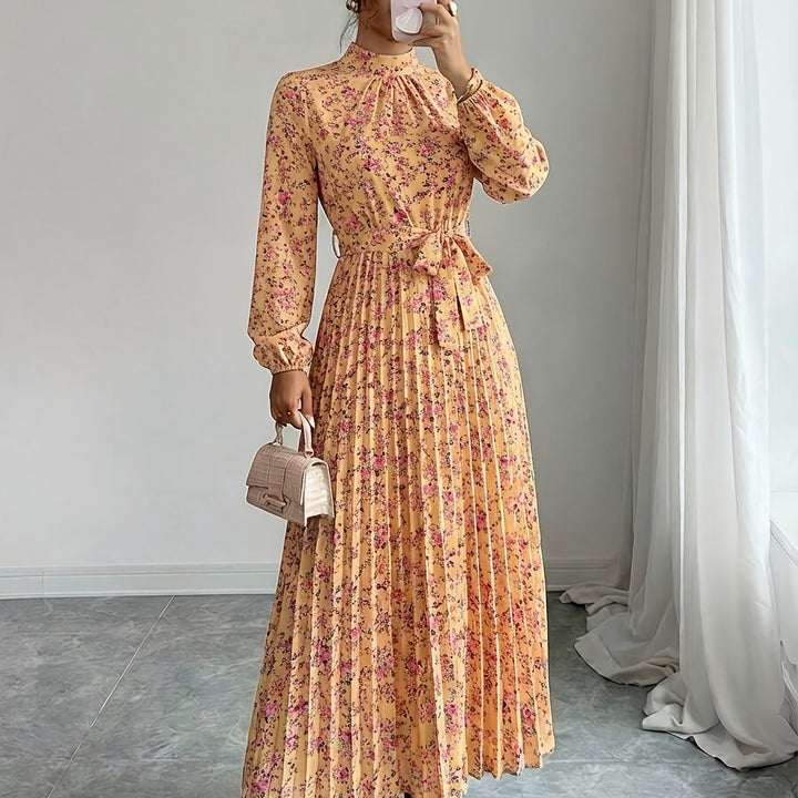 Freya | Women's Floral High Neck Long Sleeve Belted Wedding Guest Dress