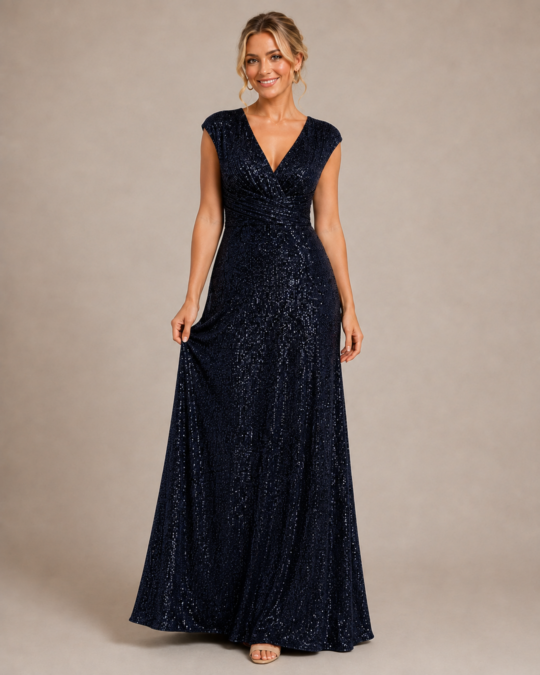 Coralie | Women's Sequin V Neck Cap Sleeve Wrap Front Evening Gown