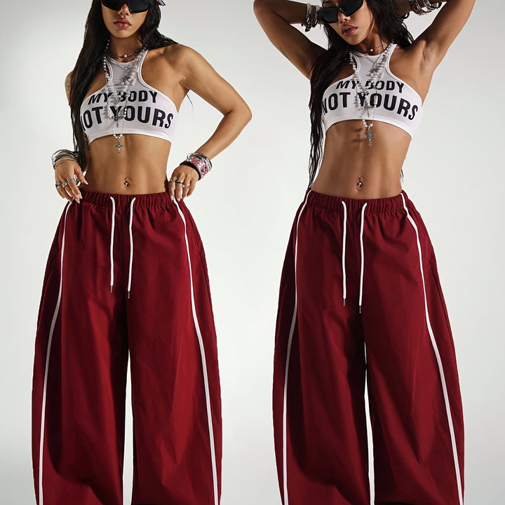 Stylish Red Pants for Women with Drawstring Plus Size Flowy Casual Style