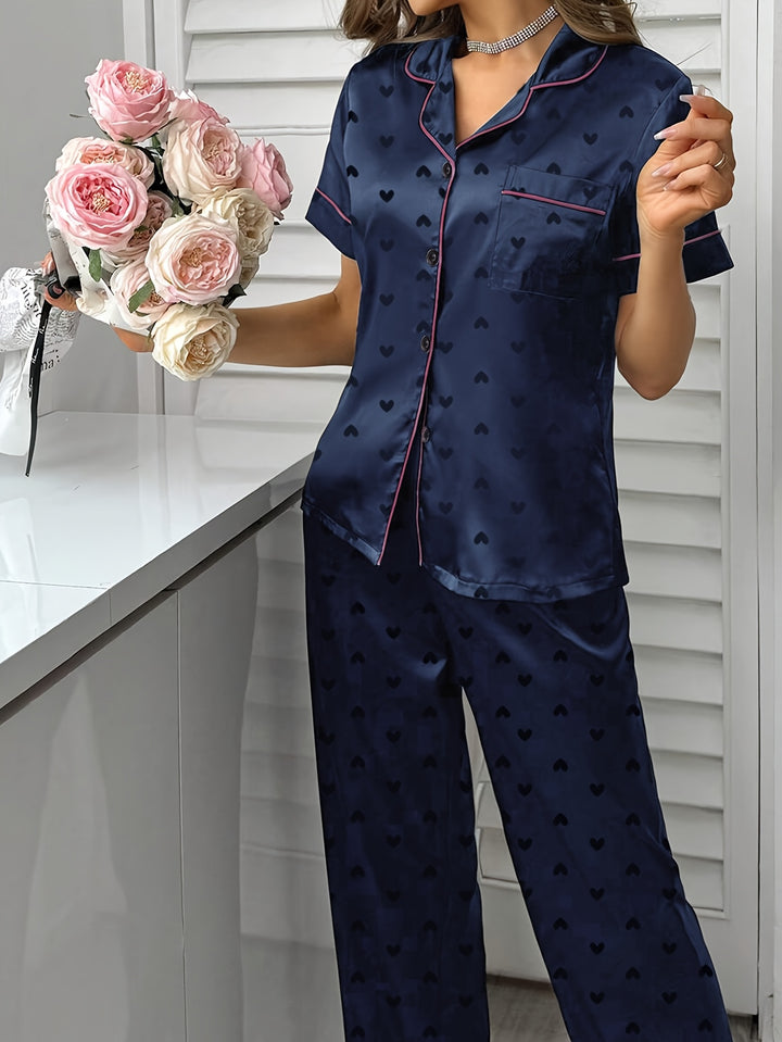 London | Women's Navy Satin Button Front Casual Pajama Sequin Set