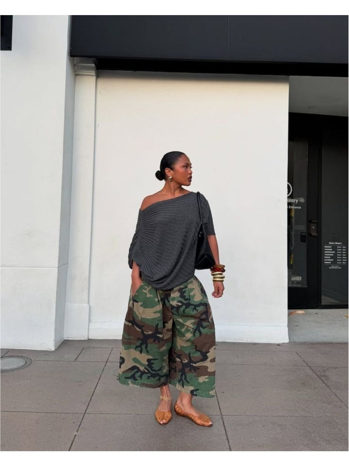 Stylish Camo Knit Wide Leg Cargo Pants for Women with Flap Pocket Utility Western Style