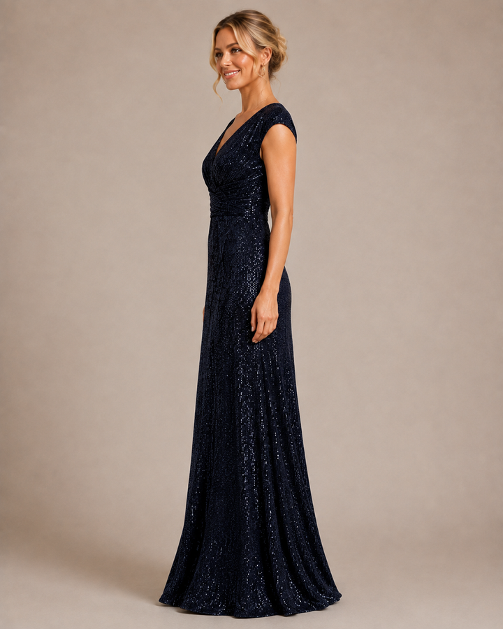 Coralie | Women's Sequin V Neck Cap Sleeve Wrap Front Evening Gown