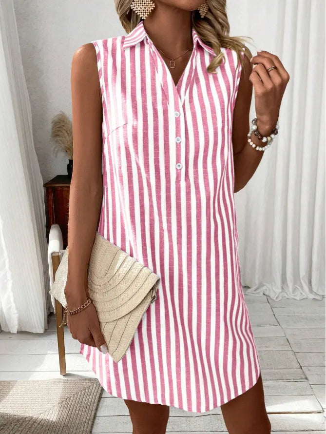 Collared Sleeveless Button Front Striped Casual Shirt Dress Mini Sundress