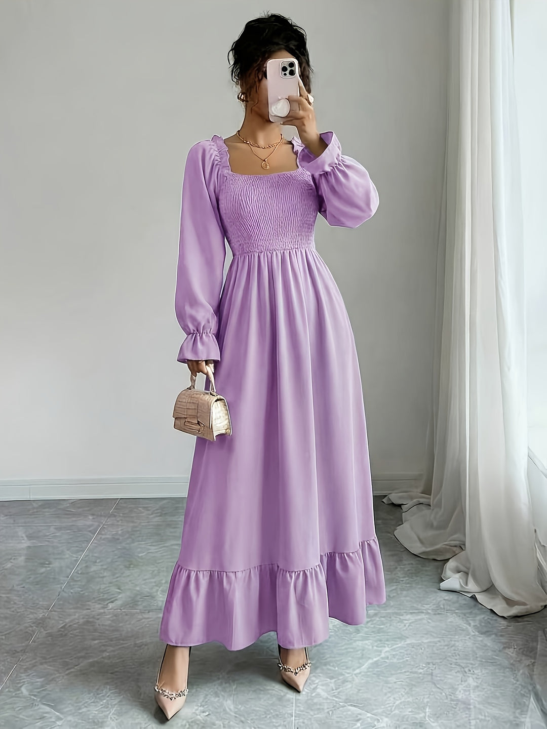 Serena | Women's Flare Square Neck Long Sleeve Evening Gown