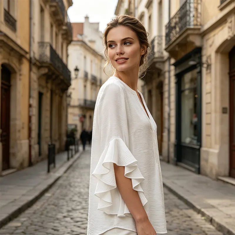 V Neck Ruffle Bell Sleeve Flowy Going Out Tunic Blouse Top