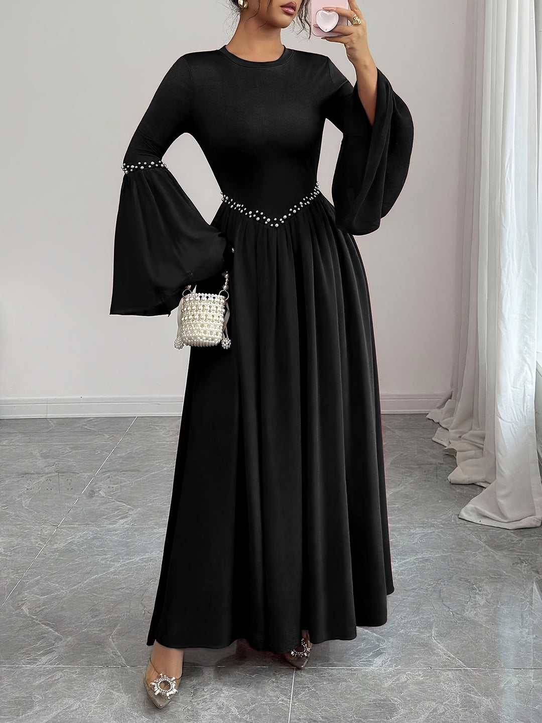 Beaded Round Neck Bell Sleeve A Line Maxi Wedding Guest Dress