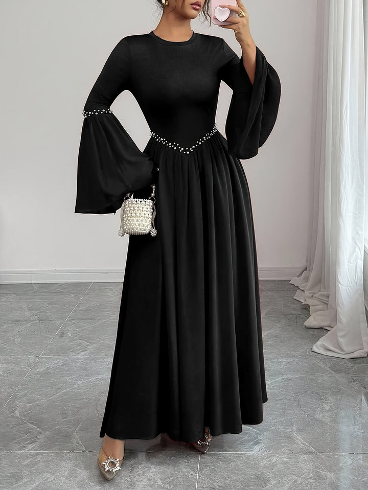 Beaded Round Neck Bell Sleeve A Line Maxi Wedding Guest Dress