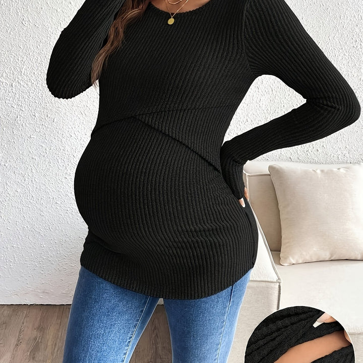 Elegant Beige Knit Maternity Top for Women with Scoop Neck Long Sleeve Plus Size Style
