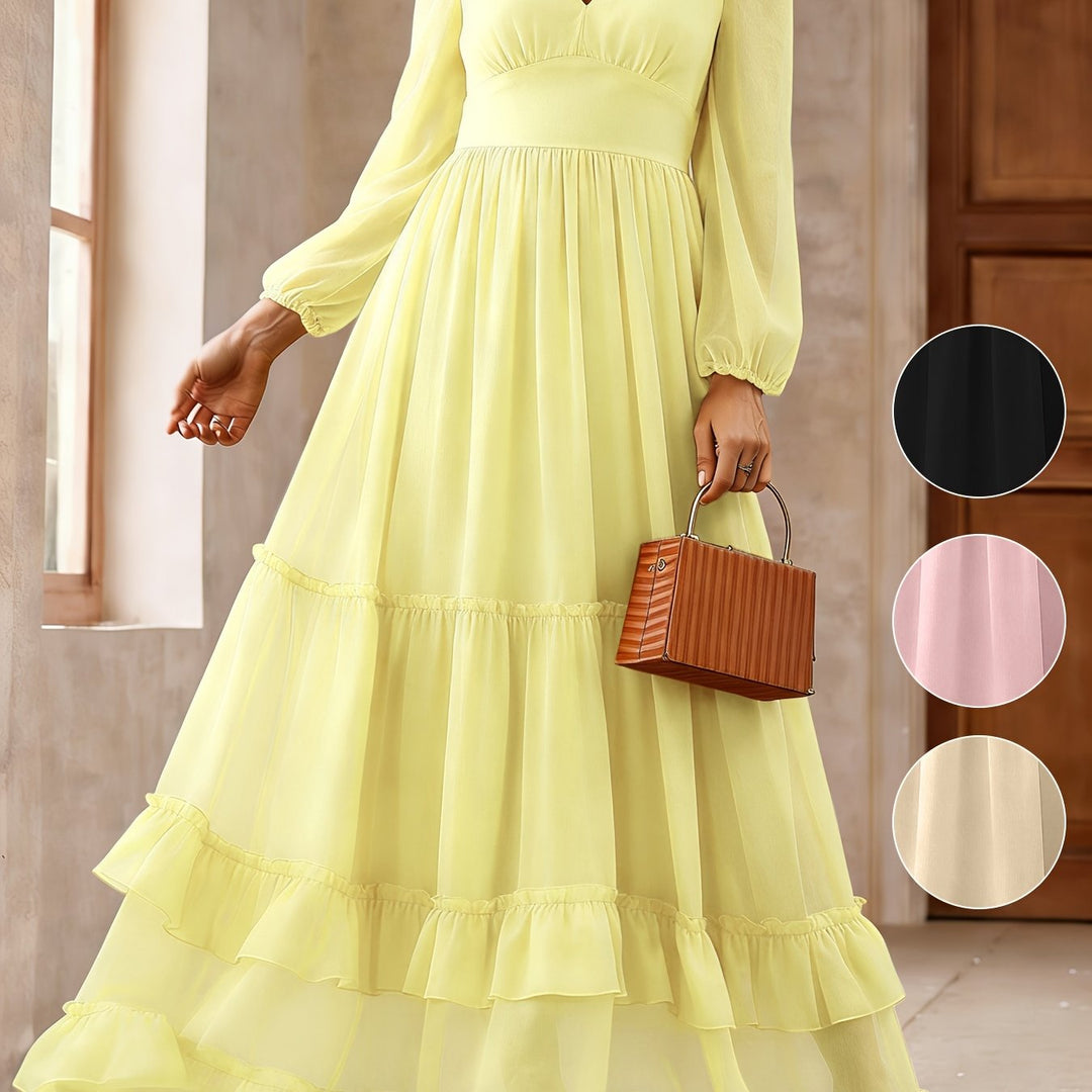 Logan | Women's Chiffon V Neck Long Sleeve Tiered Wedding Guest Dress