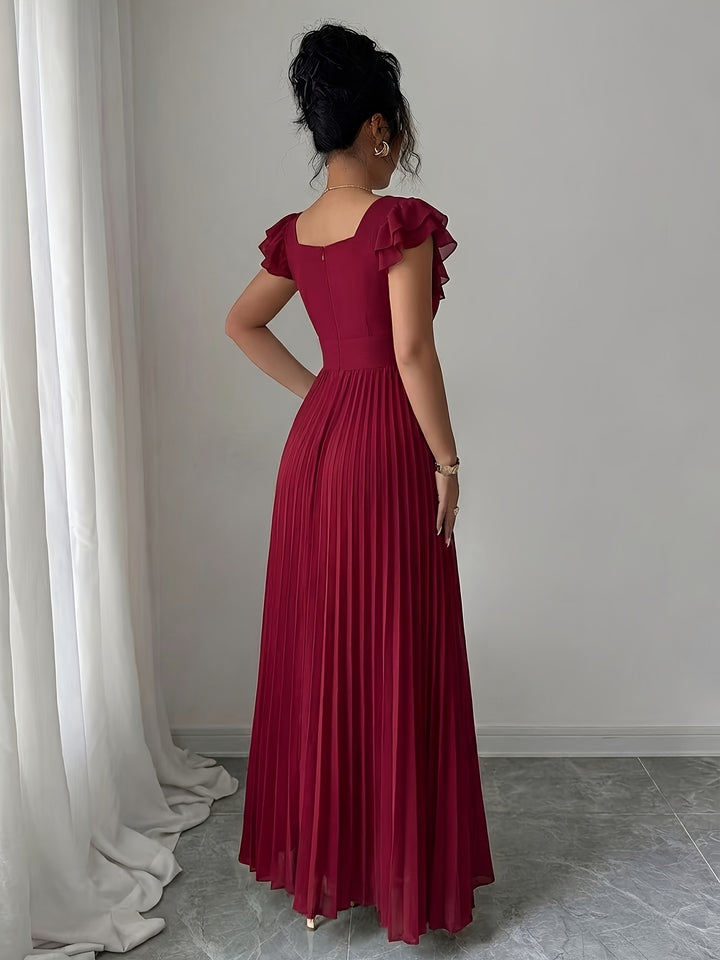 Ivory Floral Square Neck Ruffle Sleeve Pleated A Line Maxi Wedding Guest Dress