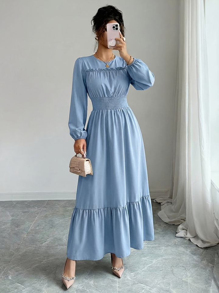 Elegant Red Lace Mother of the Bride Dress for Women with Crew Neck Long Sleeve Smocked Tiered Formal Style