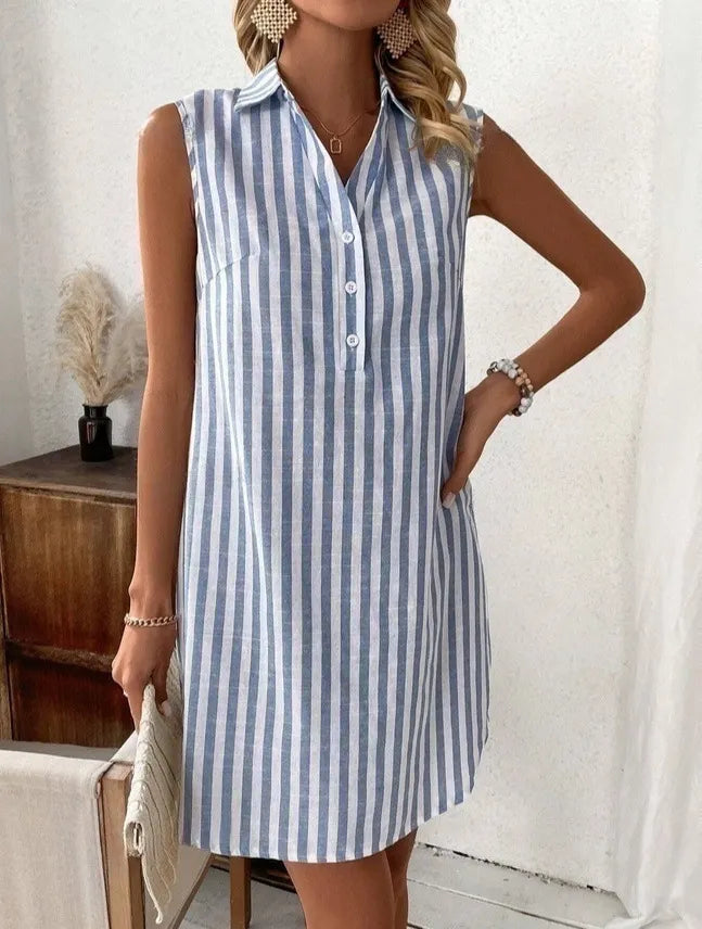 Collared Sleeveless Button Front Striped Casual Shirt Dress Mini Sundress