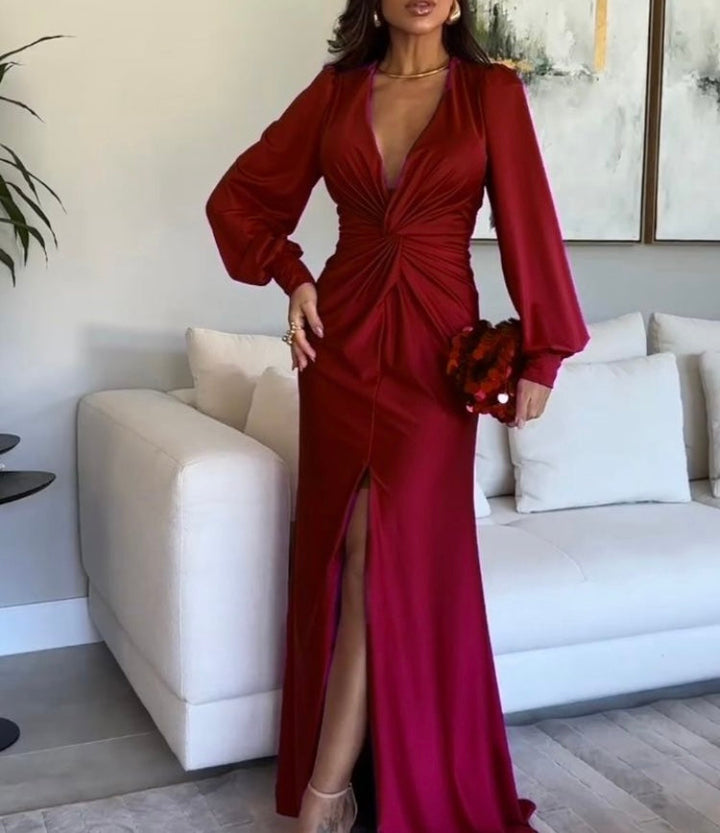 Gwendolen | Women Long Sleeve V Neck Wedding Guest Maxi Dress