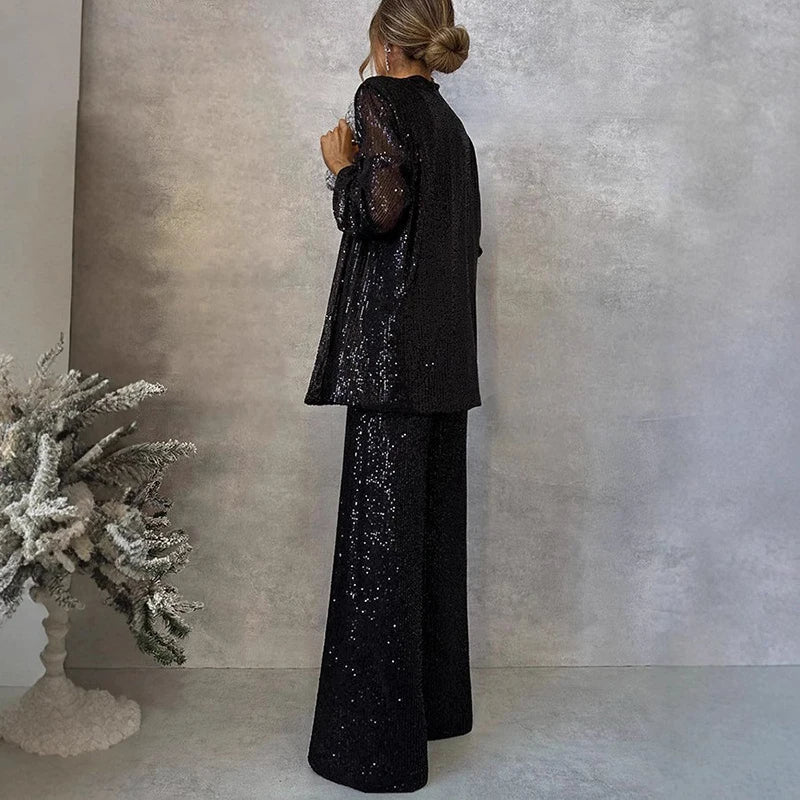 Two Piece Set Sequin Open Front Wide Leg Pant