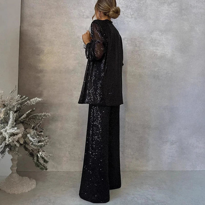 Two Piece Set Sequin Open Front Wide Leg Pant