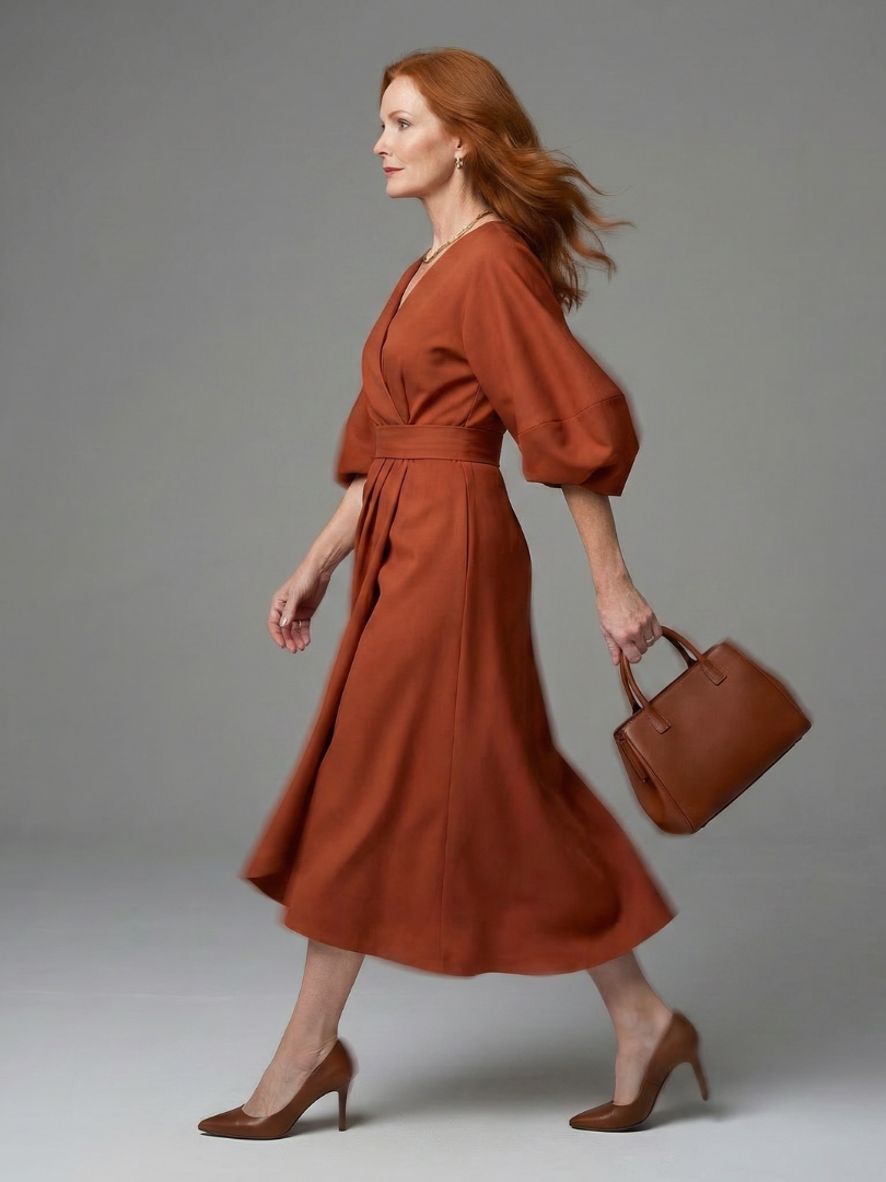 Beryl | Women's Brown Puff Sleeve Wrap Belted Midi Dress