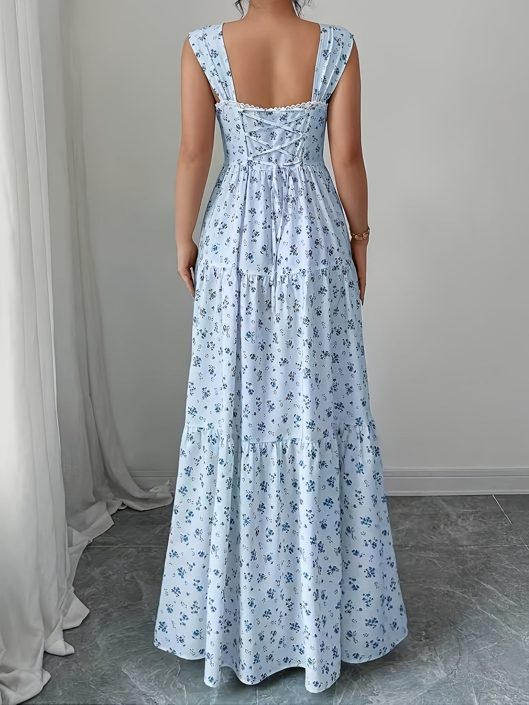 Elegant Floral Maxi Dress for Women with Square Neck Sleeveless Tiered Lace Up Plus Size Flowy Casual Style