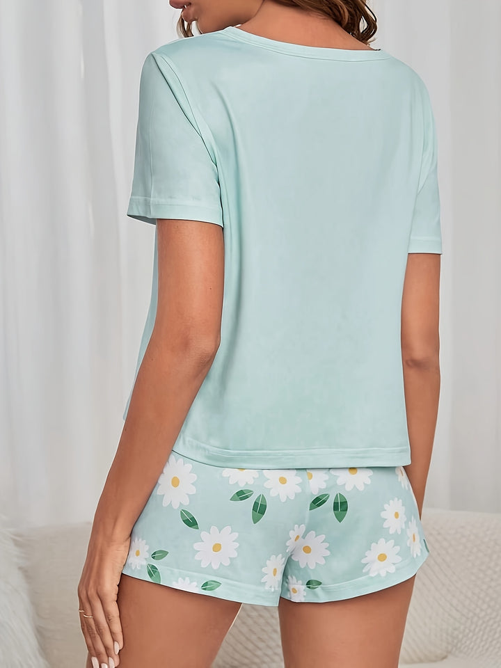 Effortless Floral Knit Pajamas for Women with Button Front Casual Style