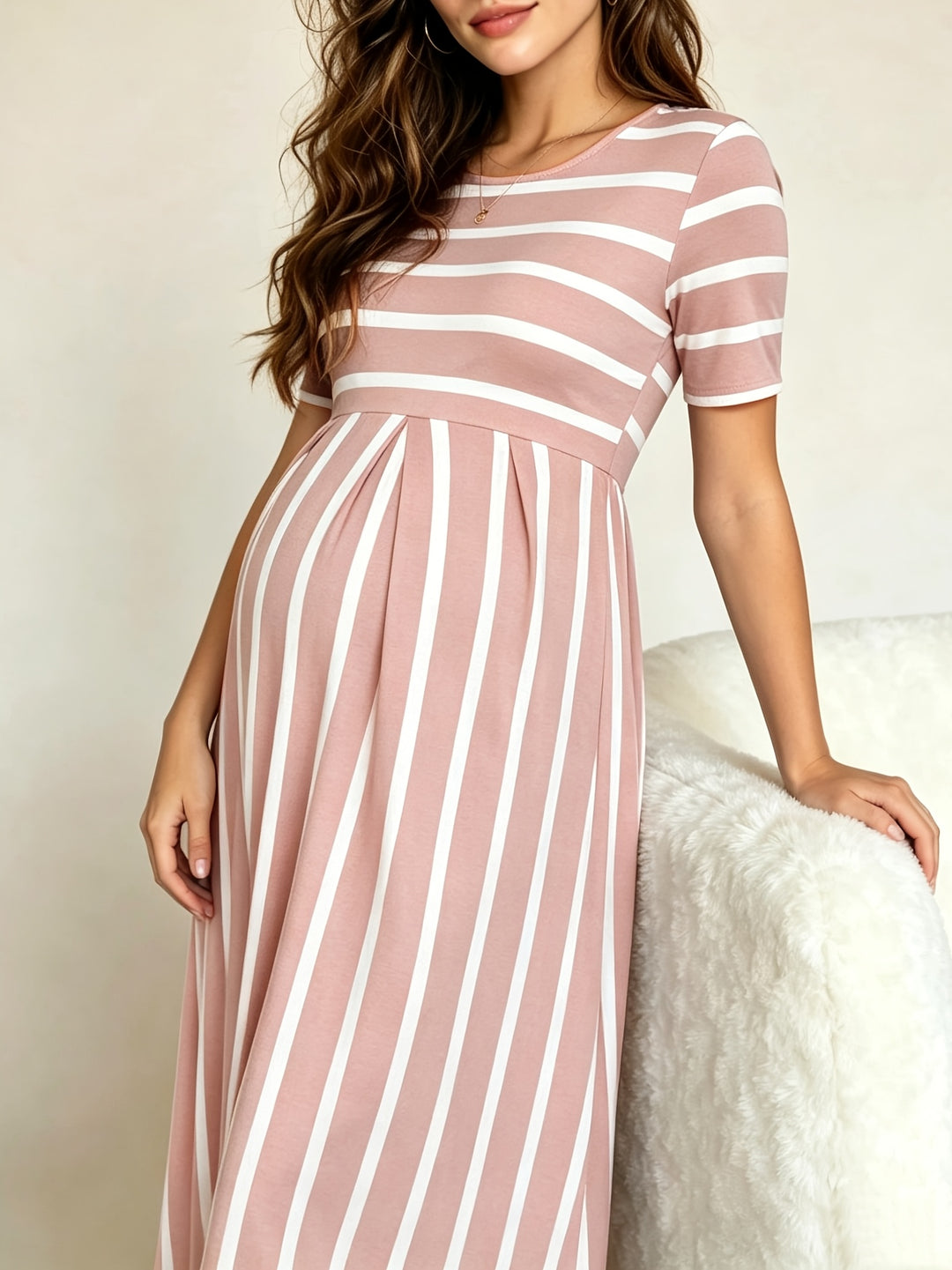 Andrea | Women's Striped Crew Neck Short Sleeve Knit Casual Maternity Dress