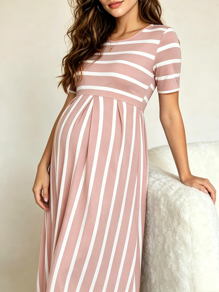Andrea | Women's Striped Crew Neck Short Sleeve Knit Casual Maternity Dress