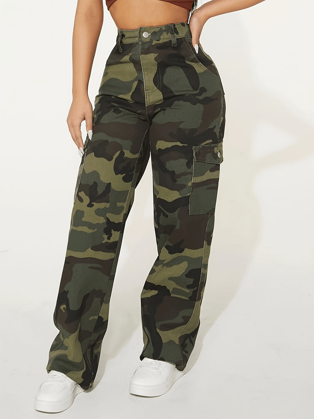 Stylish Camo Denim Cargo Pants for Women with Flowy Work Style