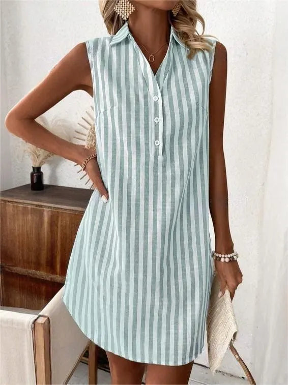 Collared Sleeveless Button Front Striped Casual Shirt Dress Mini Sundress