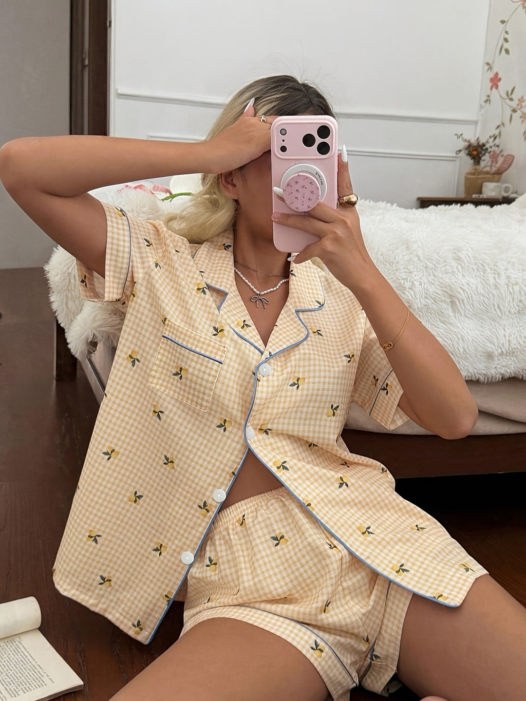 Jillian | Women's Yellow Plaid Button Front Casual Pajama Set
