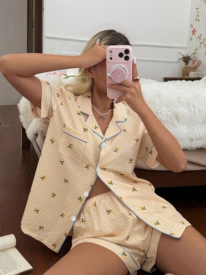 Jillian | Women's Yellow Plaid Button Front Casual Pajama Set