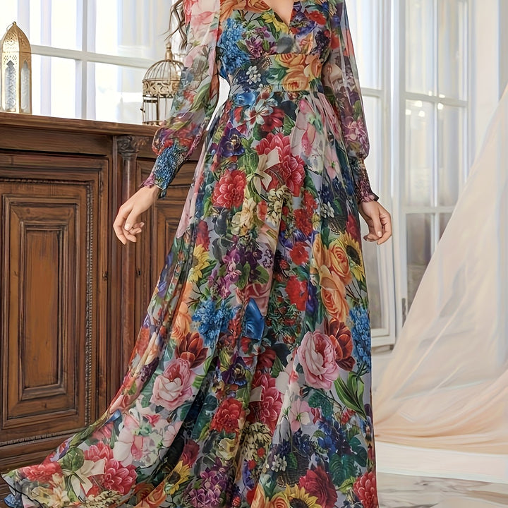 Kailani | Women's Multicolor Floral V Neck Long Sleeve Chiffon Maxi Dress