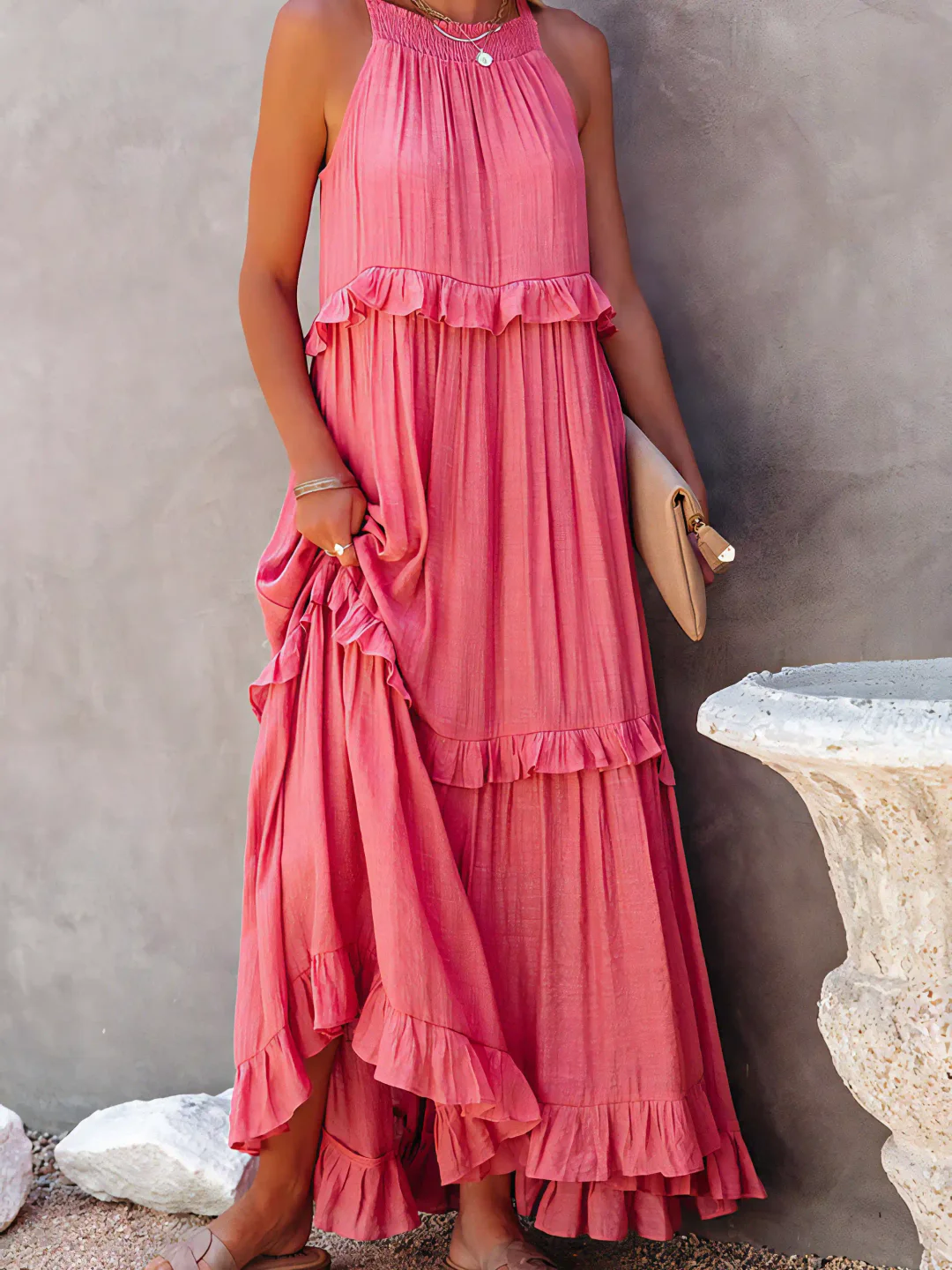 Pink Dress Tiered Ruffle Smocked Halter Maxi