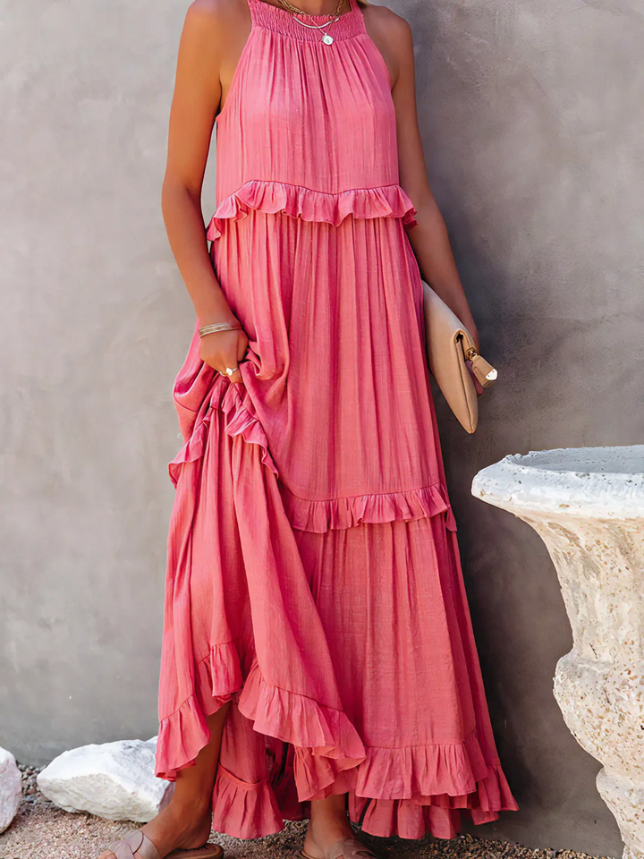 Pink Dress Tiered Ruffle Smocked Halter Maxi