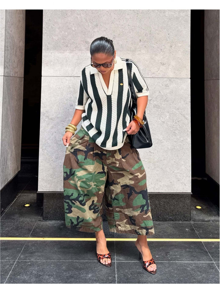 Stylish Camo Knit Wide Leg Cargo Pants for Women with Flap Pocket Utility Western Style
