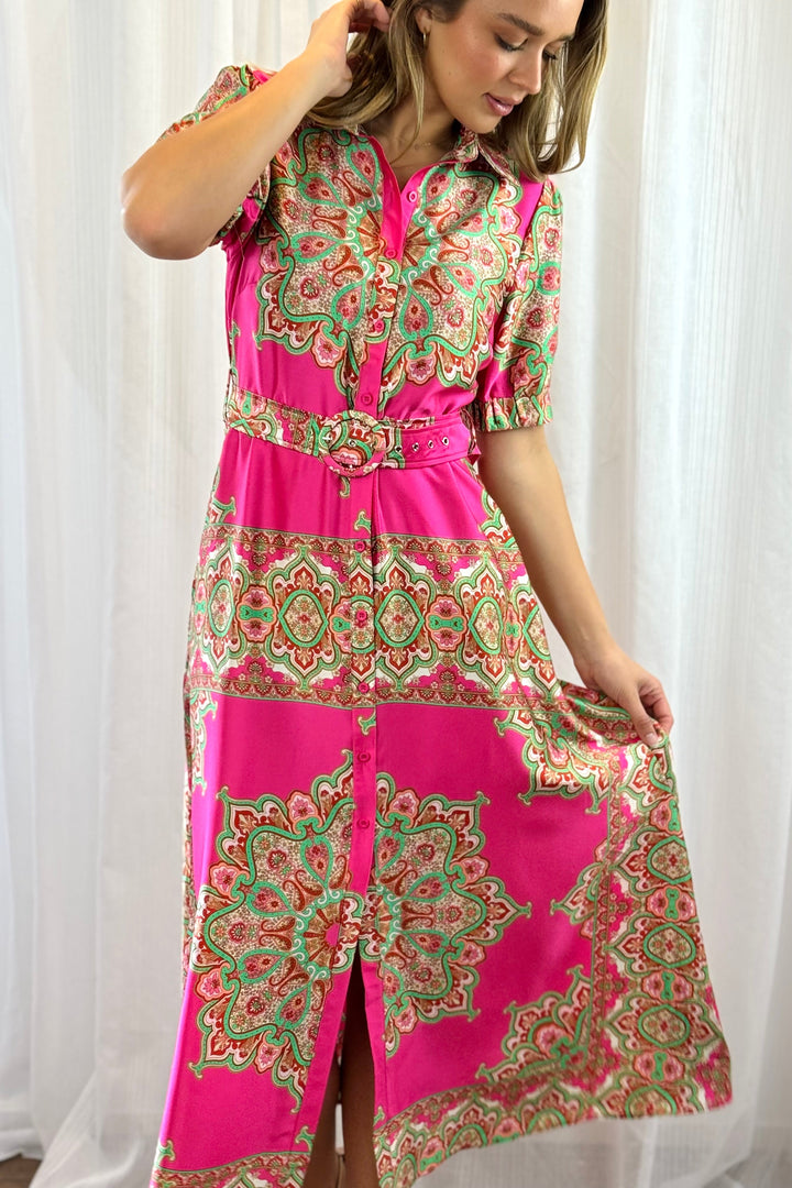 Llinos | Women Paisley Shirt Pink Midi Dress