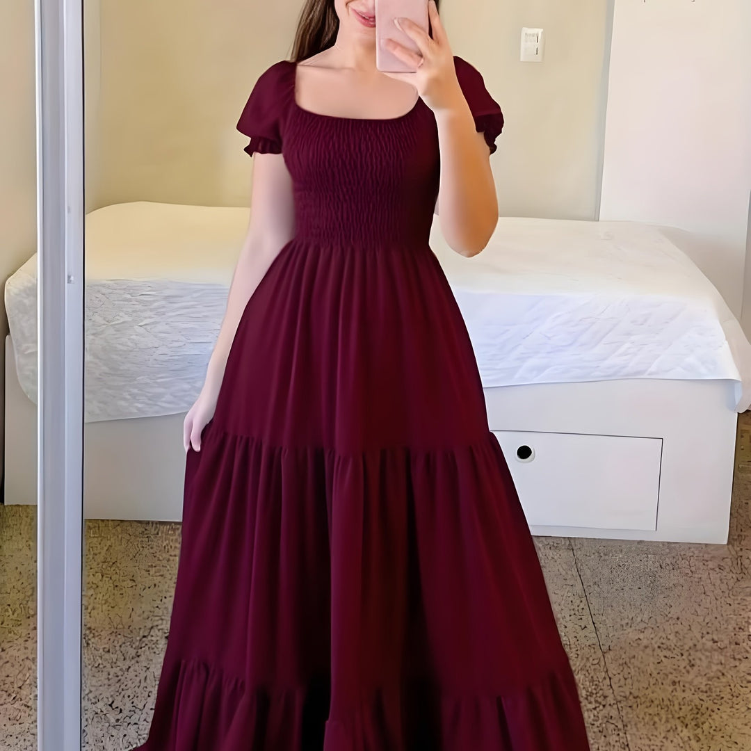 Pilar | Women's Square Neck Short Sleeve Tiered Casual Maxi Smocked Dress