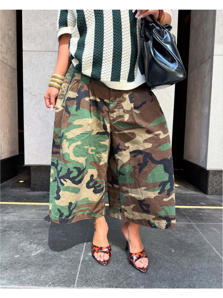 Stylish Camo Knit Wide Leg Cargo Pants for Women with Flap Pocket Utility Western Style