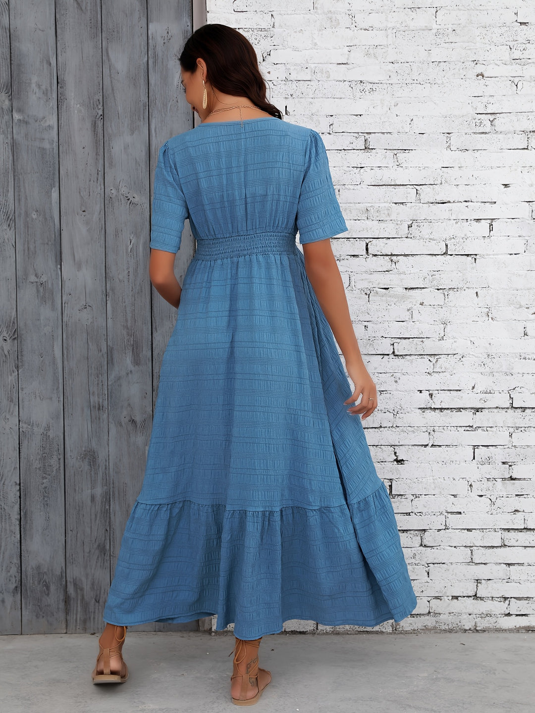Elegant Blue Maternity Dress for Women with V Neck Short Sleeve Smocked Tiered Plus Size Style