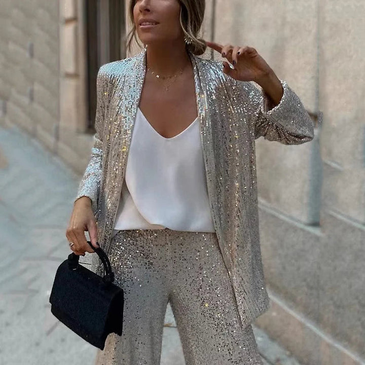 Two Piece Set Sequin Open Front Wide Leg Pant