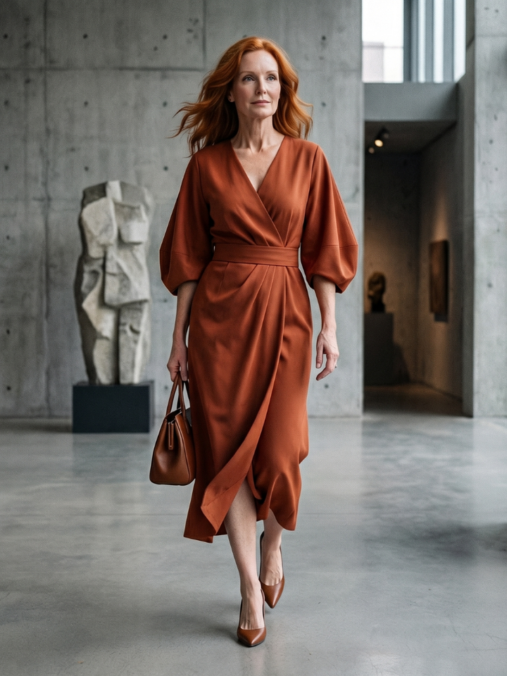 Beryl | Women's Brown Puff Sleeve Wrap Belted Midi Dress