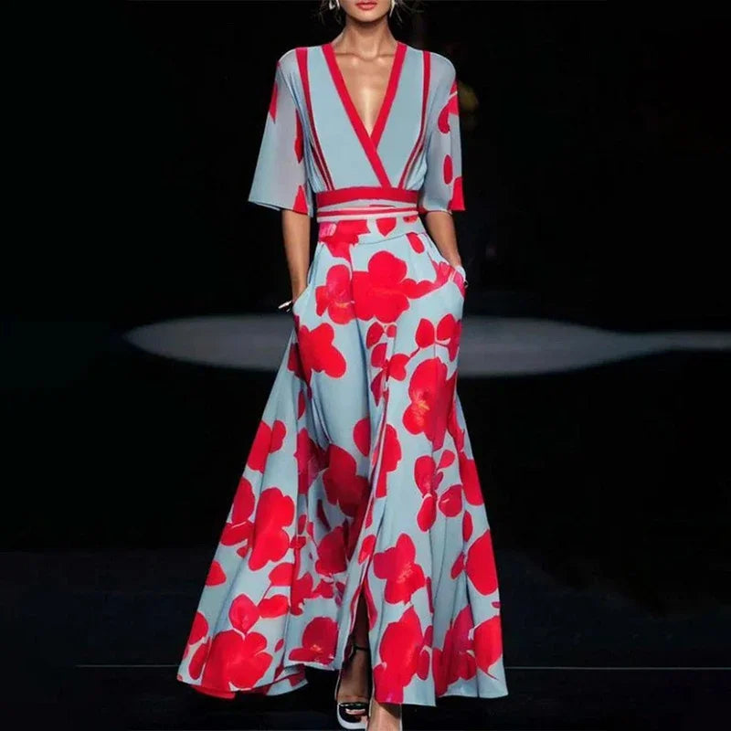 Echo | Women's Floral V Neck Short Sleeve Wrap Front Casual Maxi Pockets Dress