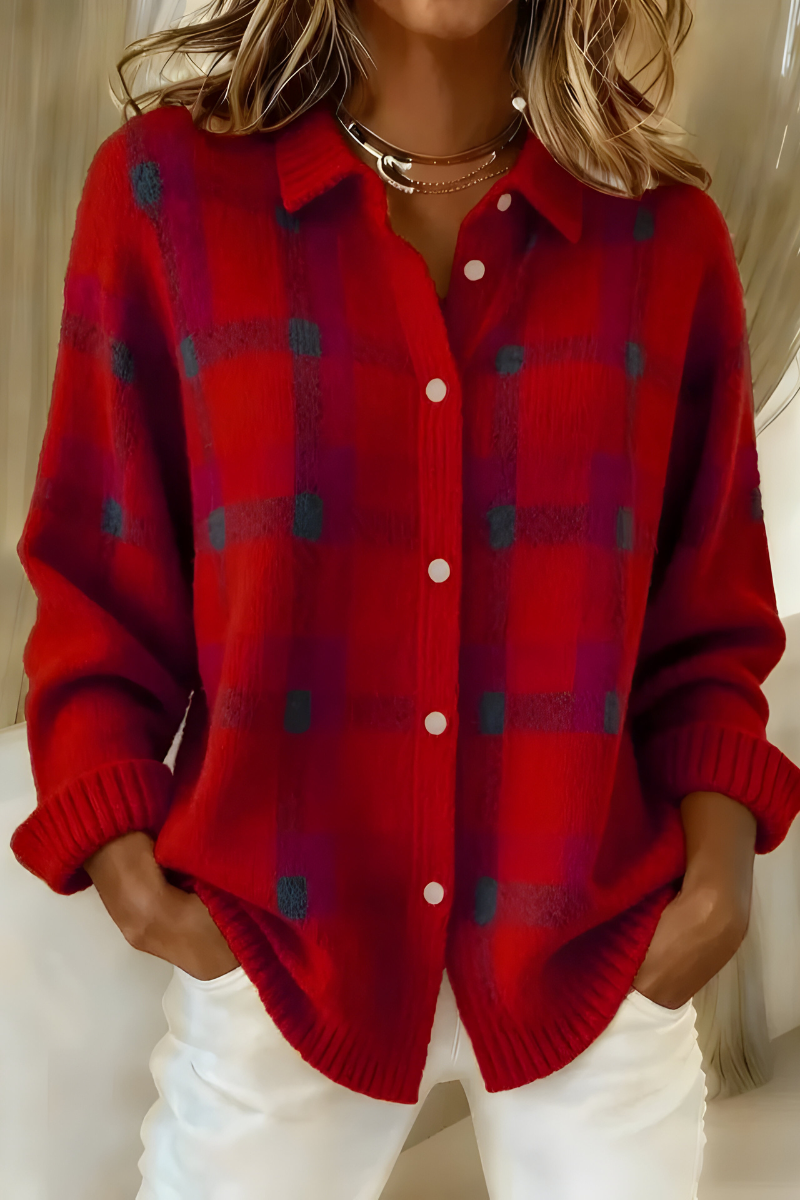 Alodia | Women Plaid Button Knit Cardigan