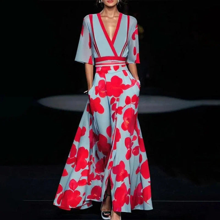 Echo | Women's Floral V Neck Short Sleeve Wrap Front Casual Maxi Pockets Dress