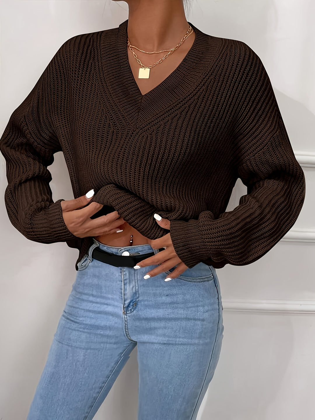 Soft Dark Brown Fall Sweater for Women with V-neck