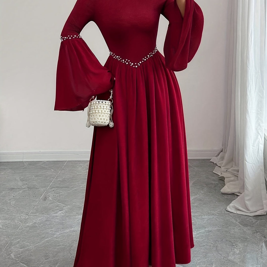 Beaded Round Neck Bell Sleeve A Line Maxi Wedding Guest Dress