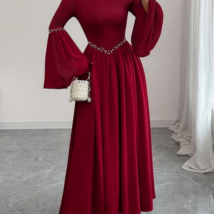 Beaded Round Neck Bell Sleeve A Line Maxi Wedding Guest Dress