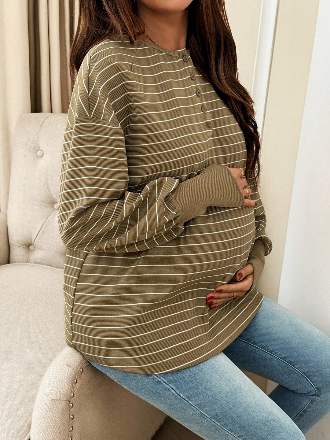 Elegant Green Stripe Knit Maternity Top for Women with Crew Neck Long Sleeve Button Front Plus Size Flowy Style