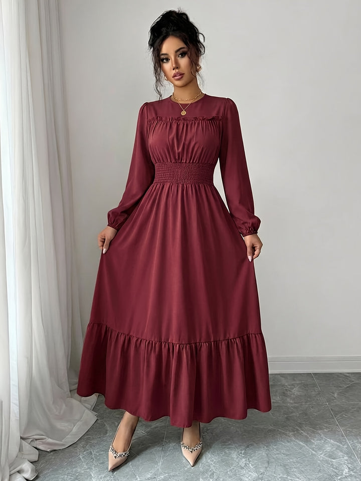 Elegant Red Lace Mother of the Bride Dress for Women with Crew Neck Long Sleeve Smocked Tiered Formal Style