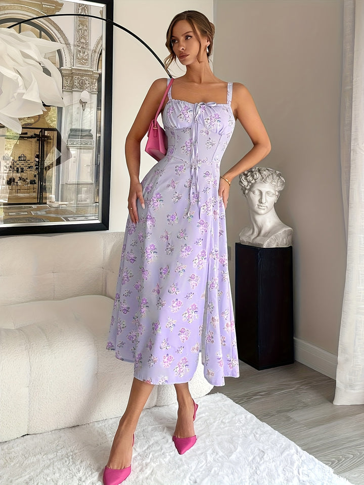 Sylvia | Women's Lavender Floral Square Neck Corset Bodice Casual Midi Dress
