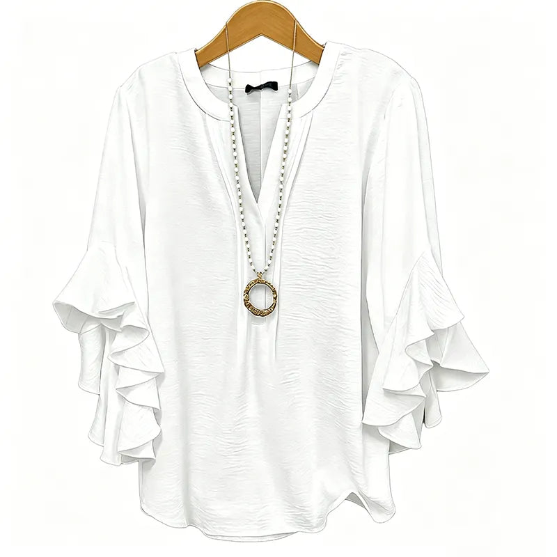 V Neck Ruffle Bell Sleeve Flowy Going Out Tunic Blouse Top